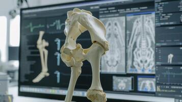 On a computer screen a digital twin of a patients hip joint is being rotated and manipulated to simulate the different movements and potential outcomes of a hip replacemen photo