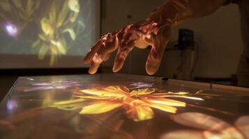 A hand reaching out to touch virtual objects projected onto a table in an AR program designed for hand dexterity exercises photo