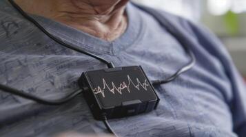 A portable ECG device attached to the patients chest and transmitting realtime heart rhythm data to their doctor photo