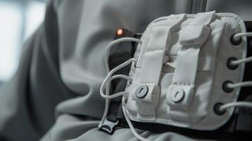 A closeup of a smart TENS transaneous electrical nerve stimulation unit designed to be worn discreetly under clothing and delivering targeted pain relief through electrica photo
