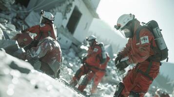 A group of paramedics in a simulated earthquake scenario navigating through rubble and using virtual tools to rescue victims photo