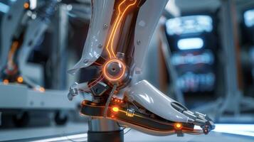 View of a persons leg fitted with a prosthetic ankle and foot with an AR guide highlighting the correct alignment to prevent joint stiffness and discomfort photo