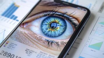 An upclose look at the app interface with charts and graphs displaying a persons glucose levels over time as well as recommendations for maintaining optimal eye health photo