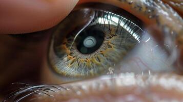 The contact lens being inserted into an eye demonstrating the ease of use for the wearer photo