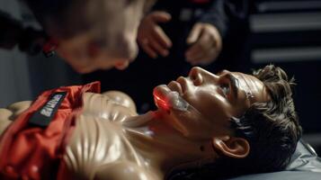 An AR app displaying a lifesized virtual human body providing a realistic simulation of performing CPR on a real person photo