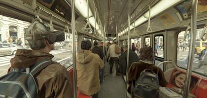 A virtual reality simulation of a public transportation setting where individuals with autism can practice social skills related to navigating and interacting with stranger photo