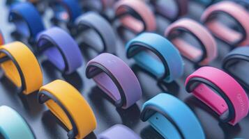 A collection of colorful fitness tracker wristbands demonstrating the use of wearable technology to collect lifestyle data for AI health risk assessments photo