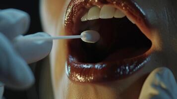 A closeup of a persons mouth swabbing a sample for DNA analysis representing the simple and noninvasive process of collecting genetic data photo