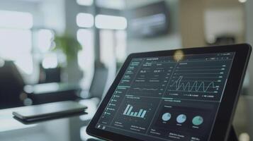 A closeup of a hospital administrators tablet displaying a predictive analytics app that allows them to adjust resource allocation and budget planning in realtime photo