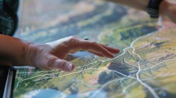 A persons hand using the measurement tool on an AR map to determine the slope and incline of a potential route for wheelchair access photo