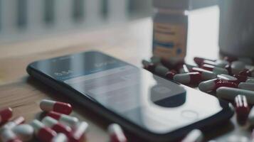 A closeup of a virtual notification popping up on a smartphone reminding the patient to take their medication on time photo