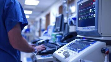 A closeup of a hospital IT spet entering data into a predictive analytics program that helps determine when critical medical equipment may need maintenance or replacement photo
