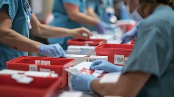 A team of hospital staff assembling emergency supply kits based on data from a predictive analytics report on potential resource shortages during natural disasters or othe photo