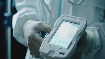 A closeup of a handheld telemedicine device which can be used by patients to monitor their own health and share data with medical professionals through the mobile clinic photo