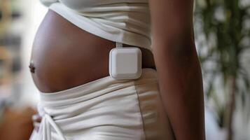 A closeup of a small rectangular device attached to the mothers hip. The device tracks the mothers posture and sends reminders to sit and stand properly to avoid discomfor photo
