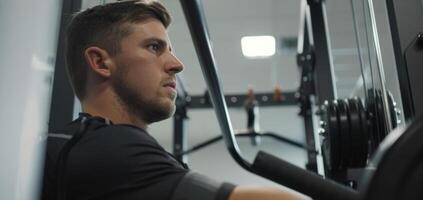 A side view of a man using a weight machine while his AI coach guides him through proper technique and offers performance tips photo