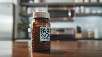 A closeup of a nutritional supplement bottle with a QR code that can be scanned in a digital platform to track dosage and monitor the effectiveness of the supplement in th photo