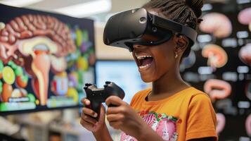 A child holding a virtual reality controller grinning as they race through a simulation of the human digestive system learning about nutrition and digestion in an entertainin photo