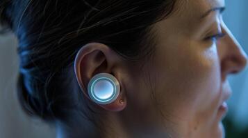 A macro shot of a small circular device attached to the mothers earlobe. The device tracks the mothers oxygen levels and alerts her if there are any concerning drops photo