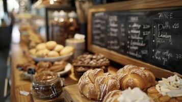 A chalkboard menu advertising various coffee blends and pastries with handwritten notes from previous customers tucked between the items photo
