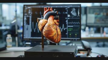 A 3D model of a human heart is displayed on a virtual reality screen providing medical students with a realistic and interactive way to study its different chambers and valves photo