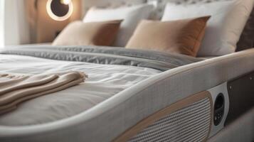 A closeup of a stateoftheart speaker system integrated into the bed frame providing soothing sounds or white noise to promote deep restful sleep photo