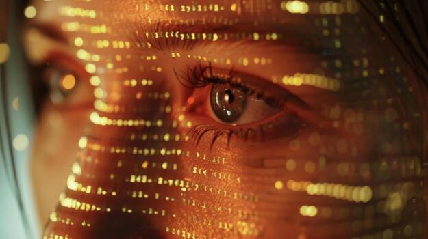 A zoomedin view of a persons face looking at a screen displaying a blockchainbased system for patientgenerated health data ownership. The facial recognition technology use photo