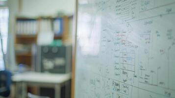 The closeup of a whiteboard filled with mathematical equations and diagrams showing the workings of a new irrigation system being designed by students photo