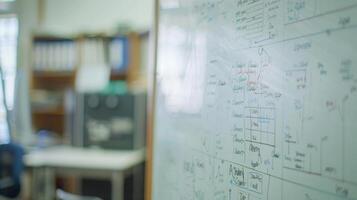 el de cerca de un pizarron lleno con matemático ecuaciones y diagramas demostración el labores de un nuevo irrigación sistema siendo diseñado por estudiantes foto