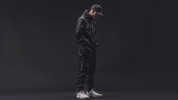 A young man sports a sleek black tracksuit with subtle embroidered patterns paired with chunky white sneakers and a sleek black baseball cap. The look is clean and cool perfec photo