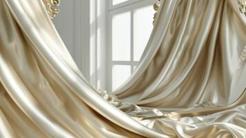Soft cascading fabrics in shades of ivory and gold d gracefully around a gilded mirror invoking images of refined opulence and effortless style photo