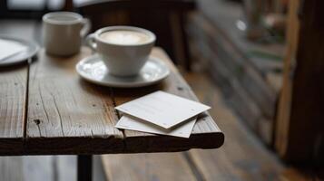 Simple square cards p on each table serving as the menu for a minimalist cafe with only the name and price of each item listed in a clean modern font photo