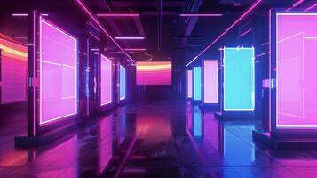 A collection of neon lights and digital billboards in a futuristic setting symbolizing the modernity and technological advancement that comes with a cost to the environment photo