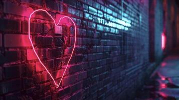 A neon sign in the shape of a broken heart flickers against a dark background symbolizing the fragmented relationships and disconnectedness brought on by our dependence o photo