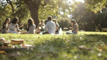 A group of friends sharing a picnic on a grassy park surrounded by trees and enjoying sandwiches salads and fruit photo