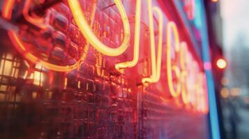 A closeup of a brightly lit neon sign its energy usage highlighted by the flickering of the lights and the glow emanating from the letters photo