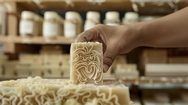 A closeup of a hand ting a block of soap revealing the intricate layers and designs within. In the background shelves of packaged soaps are neatly organized each with a handwritte photo