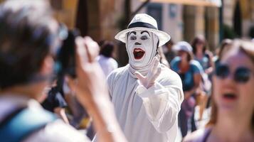 A mime artist dressed in all white mimicking passersby and eliciting laughter from a group of tourists taking photos