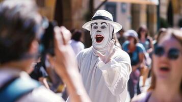 un mímica artista vestido en todas blanco imitando transeúntes y provocando la risa desde un grupo de turistas tomando fotos