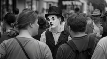 A mime engages with curious onlookers his exaggerated gestures and expressions bringing a touch of whimsy to the busy urban environment photo