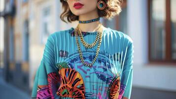 A woman wearing a midilength pleated skirt tucked in with a colorful graphic sweater and accessorized with layered gold necklaces and round retro sunglasses photo