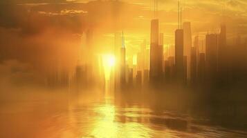 The sun setting behind a of skysers casting a warm golden glow on their sleek surfaces photo