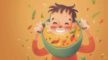 A young boy with a big smile on his face holding onto a warm cup of creamy soup with both hands. The soup is filled with chunks of fresh fish y peppers and fragrant herb photo
