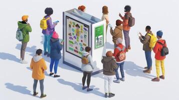 A diverse group of people gathering around a digital kiosk interacting and discussing their options for public transportation dining and other urban amenities photo