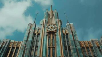 A unique blend of lavender teal and gold give an art deco building a bold and modern look. Its smooth sleek facade is punctuated by a towering clock tower and striking geometri photo