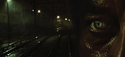 A closeup of tired faces peering down the tracks illuminated by the dull glow of the overhead lights as they wait for their train to arrive photo