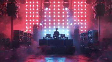 At a underground techno club a DJ stands in front of a massive wall of speakers their turntables and mixer taking up most of the booth. As they spin a mix of electronic beat photo
