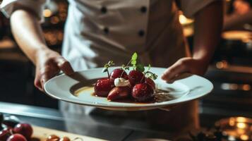 A waiter sets a plate in front of a restaurant patron showcasing a beautifully arranged dessert featuring plums as the star ingredient. The plums are poached to perfectio photo