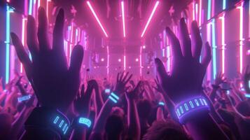 Bright neon lights beam down on a mass of people their hands in the air as they move and groove to the pulsating music. The energy is electric and contagious photo