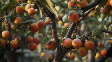 A stunning closeup of a fully matured grafted fruit tree showcasing a bountiful and colorful array of fruits each with its unique characteristics from the two parent trees photo